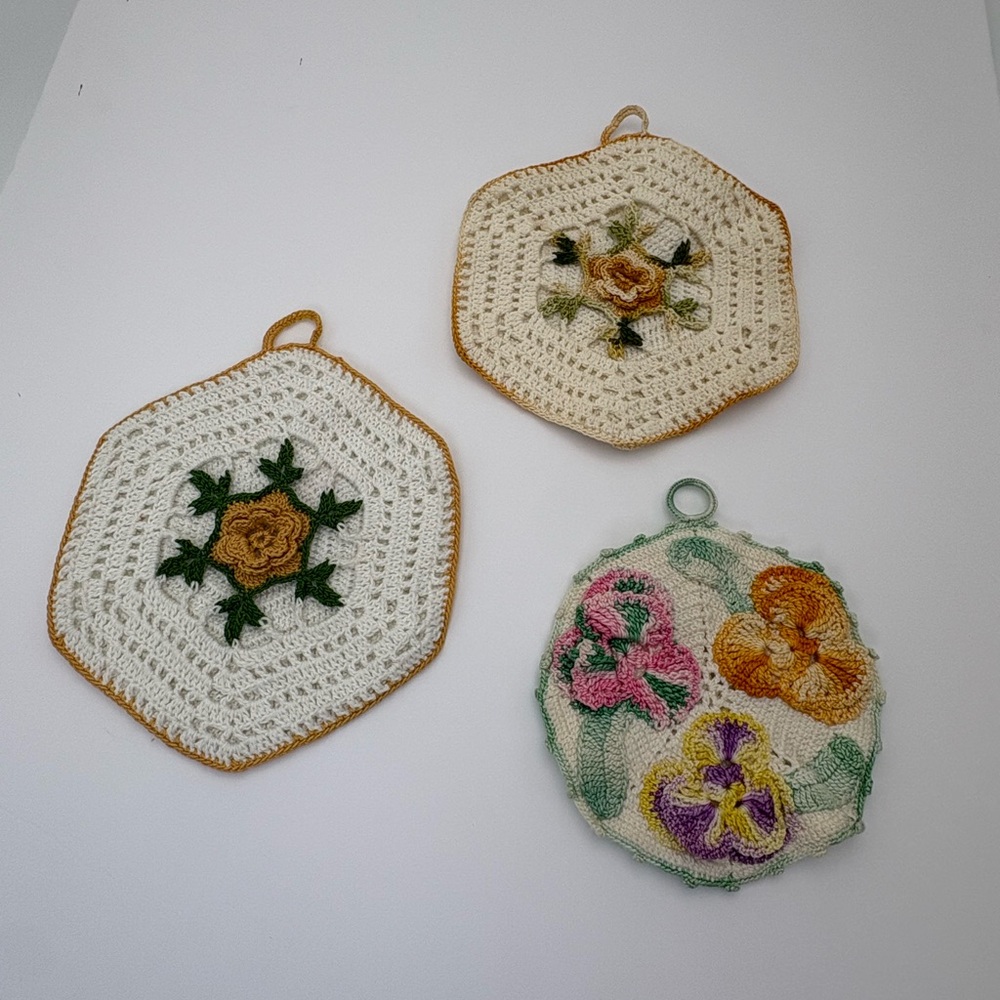 Theee Vintage Handmade Crochet Floral Pot Holders